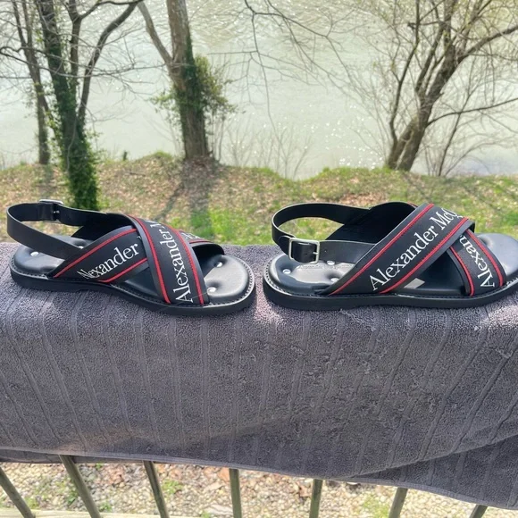 Alexander McQueen $650 Black Silver Crossed Hybrid Men’s Slide Sandals MCQ US 11 - Picture 10 of 11